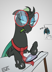 Size: 4000x5500 | Tagged: safe, artist:evan555alpha, imported from ponybooru, queen chrysalis, oc, oc only, oc:yvette (evan555alpha), changeling, insect, ladybug, :i, broach, changeling oc, colored sketch, concentrating, dorsal fin, evan's daily buggo ii, fangs, female, forked tongue, glasses, green tongue, iron, ironing, necktie, round glasses, signature, simple background, sketch, solo, solo focus, steam, text, thinking, tongue out, white background, wtf