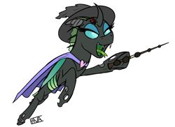 Size: 5500x4000 | Tagged: safe, artist:evan555alpha, imported from ponybooru, oc, oc only, oc:yvette (evan555alpha), changeling, insect, ladybug, broach, cape, changeling oc, clothes, colored sketch, dorsal fin, elder wand, evan's daily buggo ii, fangs, female, flying, forked tongue, green tongue, harry potter, hat, heart, missing accessory, open mouth, open smile, raised hoof, raised leg, signature, simple background, sketch, smiling, solo, tongue out, transparent background, witch hat