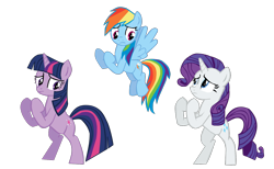 Size: 1280x789 | Tagged: safe, artist:benpictures1, imported from ponybooru, rainbow dash, rarity, twilight sparkle, pegasus, pony, unicorn, dragon quest, bipedal, cute, dashabetes, female, fighting stance, flying, implied spike, inkscape, raribetes, simple background, trio, trio female, twiabetes, unicorn twilight, vector