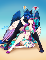 Size: 2560x3302 | Tagged: source needed, safe, artist:blackblood-queen, imported from derpibooru, oc, oc only, oc:abilio, oc:lily aura, anthro, pegasus, unguligrade anthro, anthro oc, beach, belly button, bikini, blushing, breasts, clothes, commission, couple, digital art, female, gradient background, heart, male, mare, oc x oc, pegasus oc, shipping, smiling, stallion, straight, swimming trunks, swimsuit