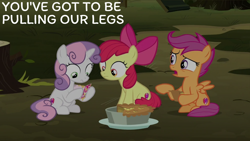 Size: 2000x1125 | Tagged: safe, edit, edited screencap, editor:quoterific, imported from derpibooru, screencap, apple bloom, scootaloo, sweetie belle, earth pony, pegasus, pony, unicorn, the break up breakdown, cutie mark crusaders, female, filly, foal, food, pie, tree stump