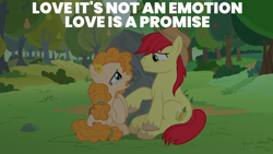 Size: 1920x1080 | Tagged: safe, edit, edited screencap, editor:quoterific, imported from derpibooru, screencap, bright mac, pear butter, earth pony, pony, the perfect pear, apple, apple tree, crying, doctor who, female, male, mare, pear tree, rock, stallion, tree