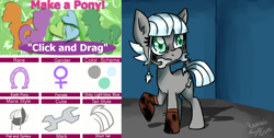 Size: 1128x567 | Tagged: safe, artist:lottafandoms, imported from derpibooru, oc, oc only, earth pony, pony, clothes, female, gloves, mare, mouth hold, not limestone pie, raised hoof, short tail, signature, solo, tail, wrench