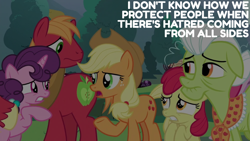 Size: 1920x1080 | Tagged: safe, edit, edited screencap, editor:quoterific, imported from derpibooru, screencap, apple bloom, applejack, big macintosh, granny smith, sugar belle, earth pony, pony, unicorn, the ending of the end, female, filly, foal, male, mare, stallion