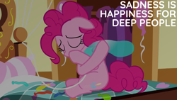 Size: 1920x1080 | Tagged: safe, edit, edited screencap, editor:quoterific, imported from derpibooru, screencap, pinkie pie, pinkie pride, balloon, bed, deflation, solo, sugarcube corner