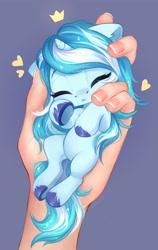 Size: 2220x3508 | Tagged: safe, artist:sofiko-ko, imported from derpibooru, oc, oc only, human, pony, unicorn, cute, disembodied hand, eyes closed, hand, heart, in goliath's palm, ocbetes, size difference, underhoof, unshorn fetlocks