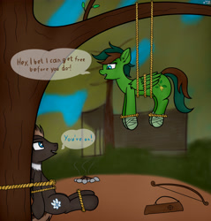 Size: 4300x4500 | Tagged: safe, artist:sassysvczka, imported from derpibooru, oc, oc only, oc:littlewing, oc:windy barebow evergreen, pegasus, bondage, bow (weapon), campfire, captive, commission, dare, female, forest, forest background, male, mare, pegasus oc, quiver, rope, rope bondage, speech bubble, stallion, suspended, suspension bondage, text, tied up, tree, tree branch