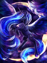 Size: 900x1200 | Tagged: safe, artist:kreativpony, imported from derpibooru, princess luna, alicorn, pony, belly, crescent moon, crown, ethereal mane, female, hair over one eye, hoof shoes, impossibly long mane, jewelry, large wings, long mane, mare, moon, peytral, princess shoes, regalia, solo, spread wings, starry mane, wings