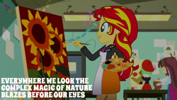 Size: 1920x1080 | Tagged: safe, edit, edited screencap, editor:quoterific, imported from derpibooru, screencap, sunset shimmer, velvet sky, watermelody, wiz kid, human, eqg summertime shorts, equestria girls, the art of friendship, doctor who