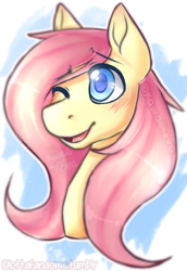 Size: 420x609 | Tagged: safe, artist:lottafandoms, imported from derpibooru, fluttershy, pony, blushing, bust, female, mare, one eye closed, open mouth, open smile, portrait, smiling, solo