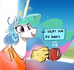 Size: 1700x1594 | Tagged: safe, artist:alumx, imported from derpibooru, princess celestia, alicorn, pony, blushing, coffee mug, female, glowing, glowing horn, hand, horn, magic, magic hands, mare, mug, open mouth, open smile, smiling, solo, text, text box