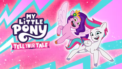 Size: 2560x1440 | Tagged: safe, imported from derpibooru, pipp petals, zipp storm, pegasus, pony, duo, female, folded wings, g5, mare, my little pony logo, my little pony: tell your tale, netflix, official, spread wings, wings