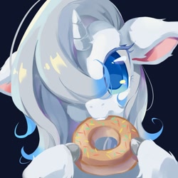 Size: 1080x1080 | Tagged: safe, artist:malt cat, imported from derpibooru, unicorn, them's fightin' herds, black background, community related, donut, eating, female, food, hoof hold, looking at you, oleander (tfh), pure oleander, simple background, solo