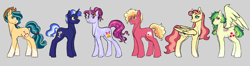 Size: 1920x509 | Tagged: safe, artist:crayoncreates, imported from derpibooru, oc, oc only, oc:cortland apple, oc:gala dash, oc:kunzite belle, oc:patient plea, oc:raspberry lemonade, oc:starstruck sparkle, earth pony, pegasus, pony, unicorn, amputee, beard, cowboy hat, earth pony oc, facial hair, female, freckles, gray background, hat, horn, magical lesbian spawn, male, mare, missing wing, next generation, nonbinary, offspring, parent:amber laurel, parent:applejack, parent:big macintosh, parent:coloratura, parent:flam, parent:fluttershy, parent:pinkie pie, parent:pokey pierce, parent:rainbow dash, parent:rarity, parent:sunset shimmer, parent:twilight sparkle, parents:amberity, parents:flamshy, parents:pokeytwi, parents:rainbowmac, parents:rarajack, parents:sunsetpie, pegasus oc, simple background, stallion, unicorn oc