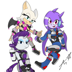 Size: 894x894 | Tagged: safe, artist:adryyuri, imported from derpibooru, rarity, anthro, bat, dragon, unicorn, armor, armorarity, female, freedom planet, jetpack, looking at you, power armor, rouge the bat, sash lilac, simple background, sonic the hedgehog (series), trio, trio female, white background