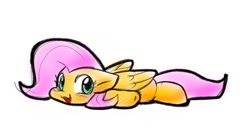 Size: 1405x728 | Tagged: safe, artist:zutcha, imported from derpibooru, fluttershy, pegasus, pony, cute, female, flat fuck friday, floppy ears, lying down, mare, prone, shyabetes, simple background, smiling, solo, sploot, white background