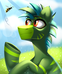 Size: 1693x2022 | Tagged: safe, artist:rtootb, imported from derpibooru, oc, oc only, oc:brass, bee, insect, pony, zebra, bat eyes, blue mane, cloud, digital art, green fur, happy, looking at something, looking up, male, red eyes, simple background, smiling, solo, stallion, summer, zebra oc