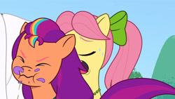 Size: 3072x1727 | Tagged: safe, imported from derpibooru, screencap, sunny starscout, earth pony, pony, spoiler:g5, spoiler:my little pony: tell your tale, spoiler:tyts01e47, duo, duo female, eyes closed, female, g5, mare, my little pony: tell your tale, open mouth, posey bloom, sunny's smoothie moves, wavy mouth