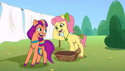 Size: 3072x1727 | Tagged: safe, imported from derpibooru, screencap, sunny starscout, earth pony, pony, spoiler:g5, spoiler:my little pony: tell your tale, spoiler:tyts01e47, duo, duo female, female, g5, looking at each other, looking at someone, mare, my little pony: tell your tale, open mouth, open smile, posey bloom, posey catches a break, smiling, smiling at each other, sunny's smoothie moves