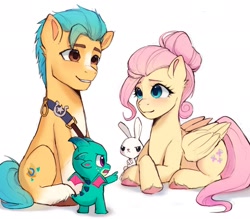 Size: 1999x1749 | Tagged: safe, artist:xiaowu07, imported from derpibooru, angel bunny, fluttershy, hitch trailblazer, dragon, earth pony, pegasus, pony, rabbit, animal, baby, baby dragon, cute, female, g4, g5, hitch and his heroine, male, mare, simple background, sitting, sparky sparkeroni, stallion, white background