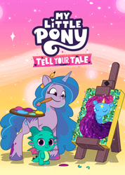 Size: 1142x1600 | Tagged: safe, imported from derpibooru, izzy moonbow, dragon, pony, unicorn, duo, female, g5, mare, my little pony logo, my little pony: tell your tale, netflix, official, painting, sparky sparkeroni