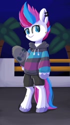 Size: 1080x1920 | Tagged: safe, artist:skylinepony_, imported from derpibooru, zipp storm, pegasus, pony, semi-anthro, clothes, ear piercing, earring, female, g5, hoodie, jewelry, mare, piercing, redraw, skateboard, smiling, solo, unshorn fetlocks