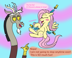 Size: 1780x1454 | Tagged: safe, artist:wolvinof, imported from derpibooru, discord, fluttershy, draconequus, pegasus, pony, abstract background, blushing, chaos, cute, dialogue, digital art, discord being discord, disembodied hand, duo, eyebrows, eyes closed, feather, floating, funny, hand, laughing, magic, open mouth, open smile, pointing, raised eyebrow, request, requested art, requests, smiling, tickling