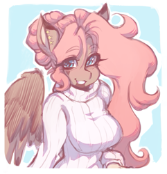 Size: 885x919 | Tagged: safe, artist:tolsticot, imported from derpibooru, oc, oc only, oc:hazel (emberslament), anthro, pegasus, big breasts, breasts, clothes, female, grin, looking at you, mare, smiling, smiling at you, solo, sweater