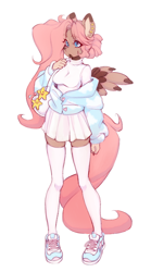 Size: 790x1417 | Tagged: safe, artist:tolsticot, imported from derpibooru, oc, oc only, oc:hazel (emberslament), anthro, pegasus, plantigrade anthro, breasts, clothes, female, mare, purse, shoes, simple background, skirt, sneakers, socks, solo, sweater, thigh highs, white background