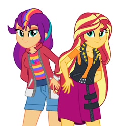 Size: 1028x1048 | Tagged: safe, artist:robertsonskywa1, imported from derpibooru, sunny starscout, sunset shimmer, human, equestria girls, equestria girls series, clothes, duo, duo female, equestria girls (g5), equestria girls-ified, female, g5, g5 to equestria girls, generation leap, simple background, white background