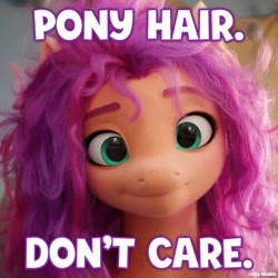 Size: 1080x1080 | Tagged: safe, edit, edited screencap, imported from derpibooru, screencap, sunny starscout, earth pony, pony, spoiler:my little pony: a new generation, bed hair, caption, female, g5, image macro, mare, messy mane, my little pony: a new generation, official, smiling, solo, text