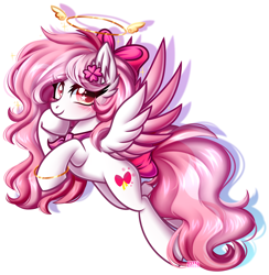 Size: 1560x1600 | Tagged: safe, artist:kannakiller, imported from derpibooru, oc, oc only, pegasus, pony, blushing, bow, clothes, commission, female, full body, hair bow, hoof under chin, looking at you, mare, nimbus, pegasus oc, raised hoof, simple background, smiling, smiling at you, solo, spread wings, starry eyes, tail, white background, wingding eyes, wings