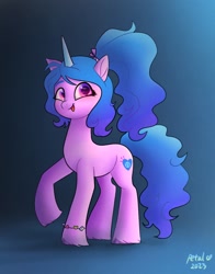 Size: 1074x1368 | Tagged: safe, artist:petaltwinkle, imported from derpibooru, izzy moonbow, pony, unicorn, alternate hairstyle, female, g5, gradient background, mare, ponytail, raised hoof, solo