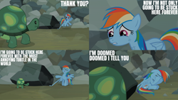 Size: 2000x1125 | Tagged: safe, edit, edited screencap, editor:quoterific, imported from derpibooru, screencap, rainbow dash, tank, pegasus, pony, tortoise, may the best pet win, crying, dramatic, duo, duo male and female, eyes closed, female, frown, gritted teeth, male, mare, open mouth, rock, sad, scuff mark, stuck, teeth, trapped, wings