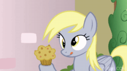 Size: 520x293 | Tagged: safe, imported from derpibooru, screencap, derpy hooves, princess ember, dragon, pegasus, pony, triple threat, animated, female, food, mare, muffin, solo focus, stealing, that pony sure does love muffins