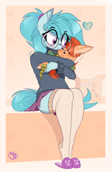 Size: 2943x4524 | Tagged: safe, artist:nevobaster, imported from derpibooru, oc, oc only, oc:whispy slippers, anthro, abstract background, blushing, clothes, cute, eyebrows, eyebrows visible through hair, glasses, heart, heart eyes, hug, hugging a plushie, meganekko, plushie, ponytail, sitting, skirt, smiling, socks, solo, striped socks, sweater, wingding eyes