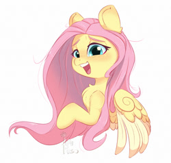 Size: 1000x953 | Tagged: safe, artist:inkypuso, imported from derpibooru, fluttershy, pegasus, pony, chest fluff, cute, female, looking at you, mare, open mouth, partially open wings, shyabetes, simple background, solo, two toned wings, white background, wings