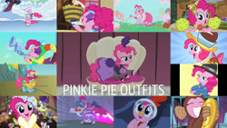 Size: 1280x721 | Tagged: safe, editor:quoterific, imported from derpibooru, screencap, chancellor puddinghead, fili-second, pinkie pie, spirit of hearth's warming presents, a hearth's warming tail, all bottled up, dragonshy, hearth's warming eve (episode), luna eclipsed, over a barrel, scare master, school raze, suited for success, testing testing 1-2-3, the crystal empire, winter wrap up, animal costume, chicken pie, chicken suit, clothes, collage, costume, cymbal monkey, dress, flugelhorn, gala dress, ice skating, musical instrument, party horn, pinkie puffs, power ponies, rapper pie, saloon dress, saloon pinkie, sunglasses