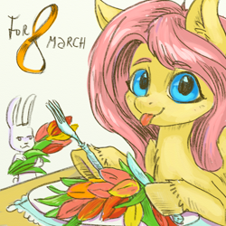 Size: 1056x1056 | Tagged: safe, artist:kovoranu, imported from derpibooru, fluttershy, pegasus, pony, rabbit, animal, dexterous hooves, eating, female, flower, fork, herbivore, horses doing horse things, international women's day, knife, mare, simple background, tongue out, tulip, white background