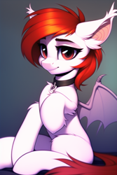 Size: 1024x1536 | Tagged: safe, editor:flitter4935, imported from derpibooru, oc, oc only, oc:scarlett sky, bat pony, pony, ai content, ai generated, bat pony oc, bat wings, choker, ear fluff, female, generator:novelai, generator:stable diffusion, looking at you, mare, raised hoof, sitting, solo, spread wings, wings