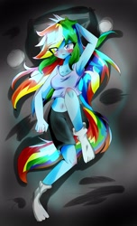 Size: 1991x3264 | Tagged: safe, artist:applejack_yokai, imported from derpibooru, rainbow dash, human, equestria girls, blushing, female, lying down, midriff, on back, solo