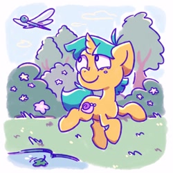 Size: 1024x1024 | Tagged: safe, artist:kukie, imported from derpibooru, snails, dragonfly, insect, pony, unicorn, colt, cute, diasnails, foal, happy, male, smiling, solo