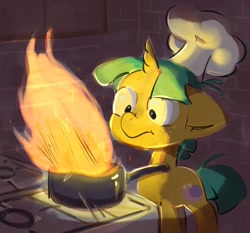 Size: 1100x1024 | Tagged: safe, artist:kukie, imported from derpibooru, snails, pony, unicorn, cooking, fire, kettle, male, solo, stove