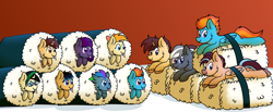 Size: 4008x1652 | Tagged: safe, imported from derpibooru, oc, oc:azure star (fauli1221), bat pony, hippogriff, hybrid, pegasus, pony, commission, food, pegabat, ponies in food, sushi, your character here