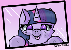 Size: 1163x821 | Tagged: safe, artist:scarletdoodle, imported from derpibooru, twilight sparkle, pony, unicorn, box, cute, female, glass, gradient background, multicolored hair, pink background, purple eyes, simple background, solo, squished, tongue out, twiabetes, unicorn twilight