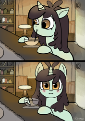 Size: 1406x1981 | Tagged: safe, artist:colochenni, imported from derpibooru, sprout greenhoof, pony, unicorn, :3, bar, cup, drawthread, drinking, drinking straw, female, horn, las pegasus resident, looking at you, mare, meme, ponified meme, solo, table