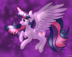 Size: 2000x1600 | Tagged: safe, artist:lostsheep, imported from derpibooru, twilight sparkle, alicorn, pony, female, flying, glowing, glowing horn, horn, magic, mare, solo, sparkles, stars, twilight sparkle (alicorn), wings