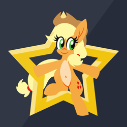 Size: 1200x1200 | Tagged: safe, artist:tridashie, imported from derpibooru, applejack, earth pony, pony, advertisement, advertisement in description, belly button, bipedal, eye clipping through hair, female, full body, looking at you, mare, pale belly, redbubble, simple background, smiling, smiling at you, solo, stars, teepublic