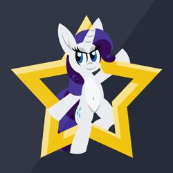 Size: 1200x1200 | Tagged: safe, artist:tridashie, imported from derpibooru, rarity, pony, unicorn, advertisement, advertisement in description, belly button, bipedal, female, full body, looking at you, mare, pale belly, redbubble, simple background, smiling, smiling at you, solo, stars, teepublic