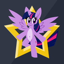 Size: 1200x1200 | Tagged: safe, artist:tridashie, imported from derpibooru, twilight sparkle, alicorn, pony, advertisement, advertisement in description, belly button, bipedal, eye clipping through hair, female, full body, looking at you, mare, pale belly, redbubble, simple background, smiling, smiling at you, solo, stars, teepublic, twilight sparkle (alicorn)